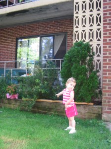 Tali on the lawn of our married student housing apartment, Princeton Theological Seminary